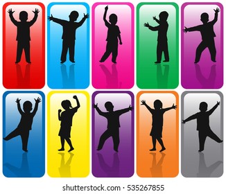 Children silhouettes on rainbow background