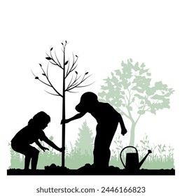 Children silhouettes on white background. Little girl and boy work in the garden. Vector illustration.	
