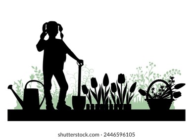Children silhouettes on white background. Little girl works in the garden. Vector illustration.	
