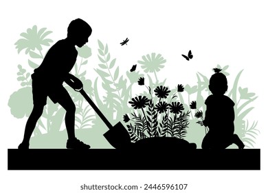 Children silhouettes on white background. Little girl and boy work in the garden. Vector illustration.	
