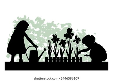 Children silhouettes on white background. Little girls work in the garden. Vector illustration.	
