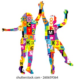 Children silhouettes patterned in letters and numbers