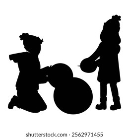 Children Silhouettes Playing in a Festive Christmas Winter Scene