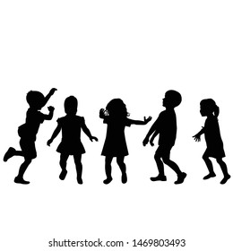 Children silhouettes playing on white background