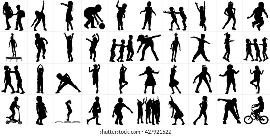 Children silhouettes playing outdoor isolated on white background. Collection of happy children in different positions. Kid play on playground. Kid gymnastic different position. Active boys and girls.