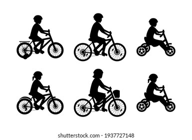 Children silhouettes riding bicycles set. Vector characters isolated on white background.