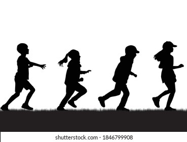 Children silhouettes running.  Black silhouettes.