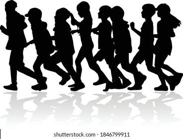 Children silhouettes running.  Black silhouettes.