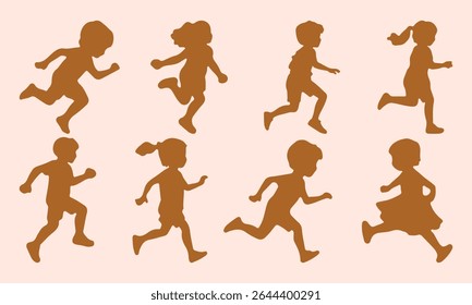 Children silhouettes running. Kids playing silhouette. Vector illustration