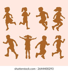 Children silhouettes running. Kids playing silhouette. Vector illustration