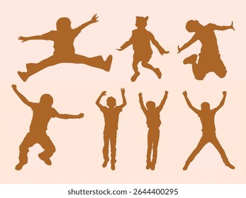 Children silhouettes running. Kids playing silhouette. Vector illustration
