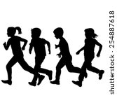 Children silhouettes running over white background