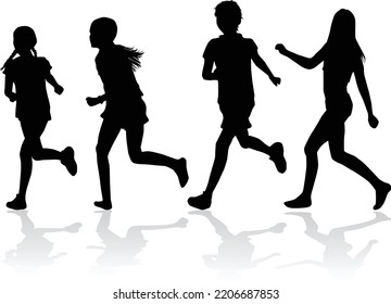 Children silhouettes running over white background .