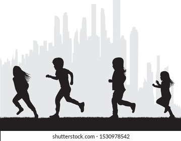 Children Silhouettes Running. Vector Silhouette.