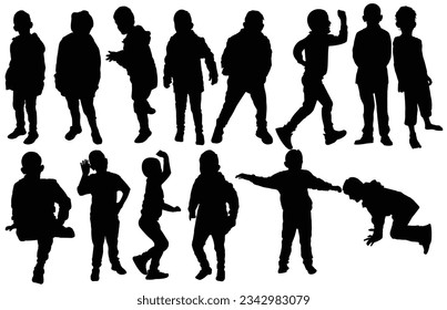 Children silhouettes set; child dressed in winter clothes; playing; running; sitting; watching