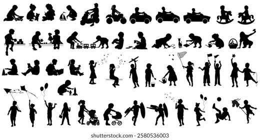 Children silhouettes set. Little boys and girls playing with toys. Vector illustration.