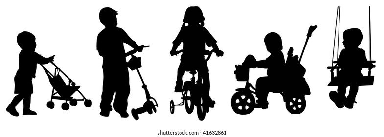 Children silhouettes and toys outlines on the white background