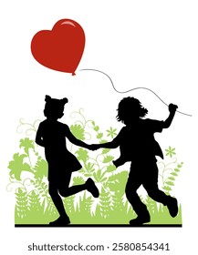 Children silhouettes. Valentine's day. Little boy and girl with red baloon heart. Vector illustration.
