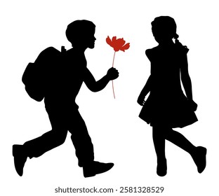 Children silhouettes. Valentine's day. Little boy and girl with red flower. Vector illustration.	