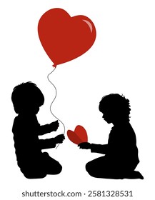 Children silhouettes. Valentine's day. Little boy and girl with red baloon heart. Vector illustration.
