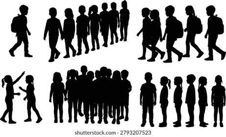 Children silhouettes in various group formations showing walking, standing, and interacting poses for educational, social, and creative design concepts