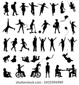 children silhouettes who playing, standing, running. Black vectoral drawing on white background.