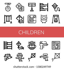 children simple icons set. Contains such icons as Swing, Blocks, Kite, Home team, Tic tac toe, Bunk bed, Owl, Water gun, Children, can be used for web, mobile and logo