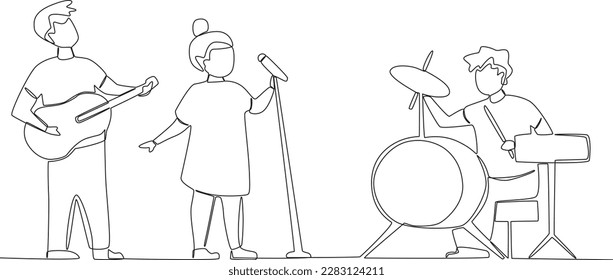 Children sing accompanied by A musical instrument. Music band one-line drawing