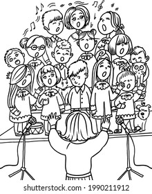 children sing in chorus, black and white picture