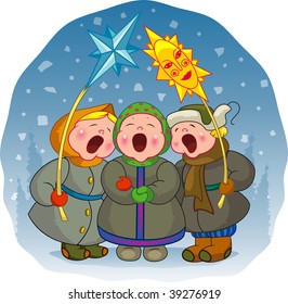 The children sing a Christmas song on a winter background.