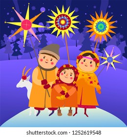 Children sing a Christmas song.Cute Ukrainian Christmas traditions.Vector illustration. 