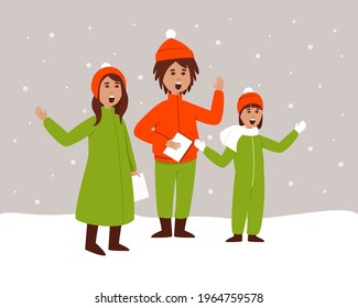 Children sing Christmas songs. Children in the winter season. Festive winter design. Flat vector illustration.