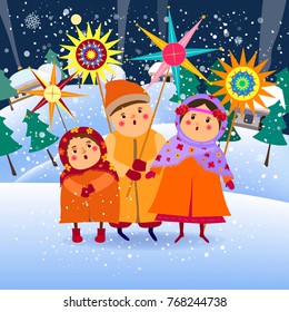 Children sing.  Children congratulate with Christmas, carols.Christmas card.Vector illustration.