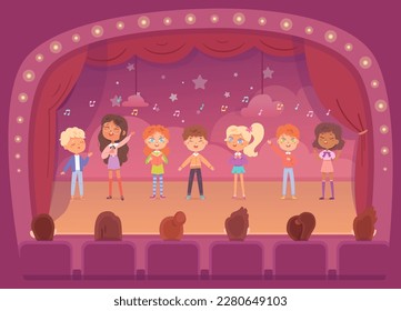 Kinder singen auf der Theaterbühne mit roten Vorhängen, Vektorgrafik. Cartoon Schulband von Mädchen und Jungen singen Lied in Chorus, süße glückliche Sänger Charaktere zeigen Konzertaufführung.