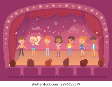 Children sing to music on theater stage with red curtains vector illustration. Cartoon school band of girls and boys singing song in chorus, cute happy singers characters show concert performance.