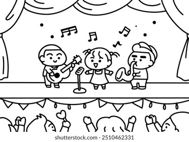 Children sing a song on stage coloring pages style.