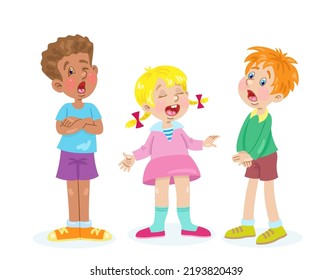 Children sing a song. Two funny boys and a cute girl stand together. In cartoon style. Isolated on white background. Vector flat illustration.