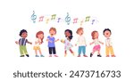 Children singers. Child school church chorus, kid singer sing on stage kids singing practice in choir, boy and girl musical activity cartoon characters, classy vector illustration of chorus church