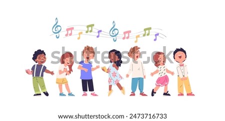 Children singers. Child school church chorus, kid singer sing on stage kids singing practice in choir, boy and girl musical activity cartoon characters, classy vector illustration of chorus church