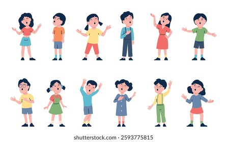 Children singers. Kids choir, flat toddlers on sing lesson. Music performance little actors, vocal show. Isolated talented students recent vector set