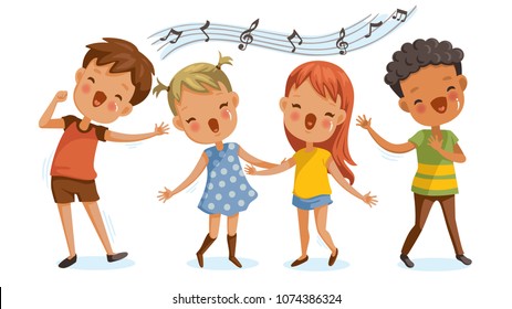 Children singing. boys and girls singing together happily. cute cartoon Enjoy the rhythm. Have fun in childhood.Cute Cartoon Character Personality. Vector illustrations Isolated on white background.