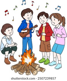 Children Singing by a Campfire