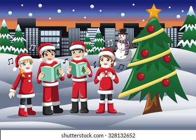 Children singing carols in the winter