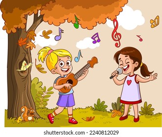 children singing cartoon vector illustration