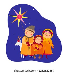 Children singing of Christmas carols in Christmastide.Vector illustration.