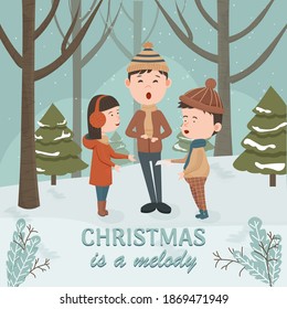 Children singing Christmas carols in forest landscape with trees and pine trees. Winter activities concept, clipart and design element. Cartoon characters with hats, scarf seasonal clothes. 