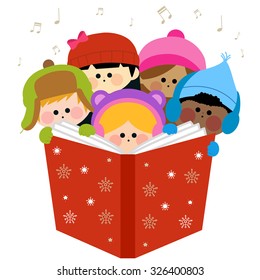 Children singing Christmas carols holding together a large book. Vector illustration