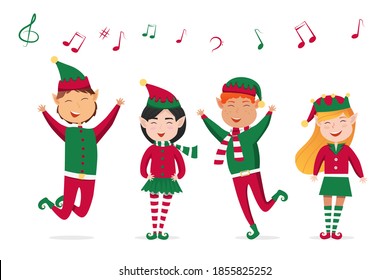 Kinder singen Weihnachtslieder, Illustration. Kinder singen, Weihnachtslieder, Musik auf weißem Hintergrund. Vektorgrafik