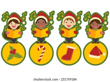 Children singing christmas carols, isolated vector illustration, icons