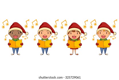 Children singing christmas carols, vector illustration